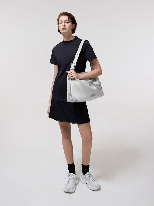 Nylon Chain-Link Slouchy Shoulder Bag, Light Grey, hi-res