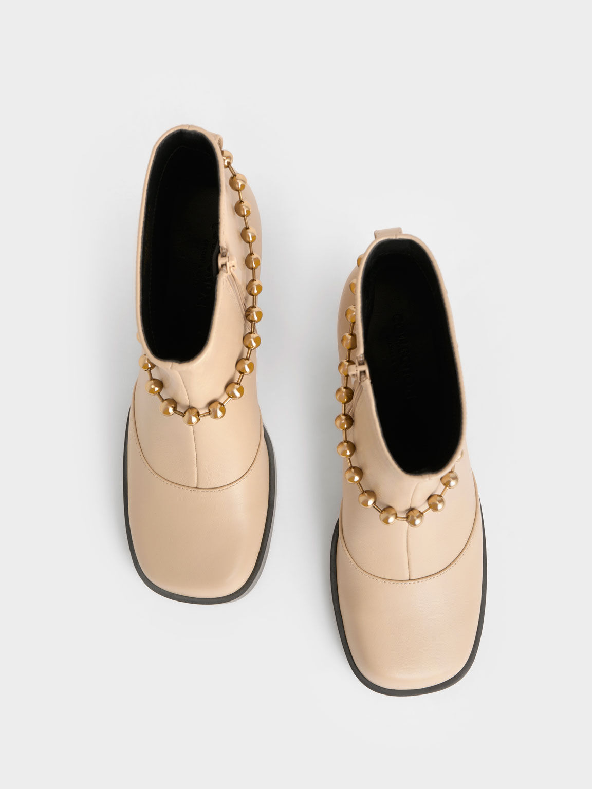 Beaded-Link Leather Ankle Boots, Sand, hi-res