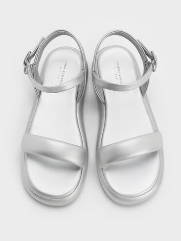 Girls' Metallic Puffy Ankle-Strap Sandals, Silver, hi-res