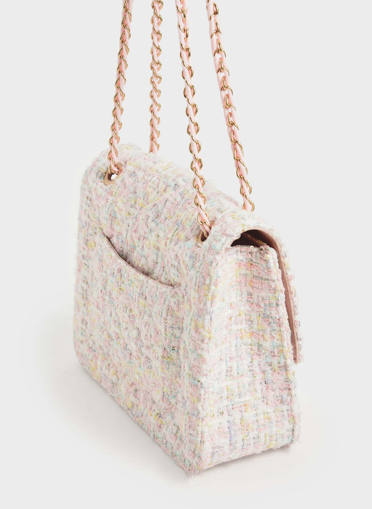 Tweed Chain Strap Bag, Pink, hi-res