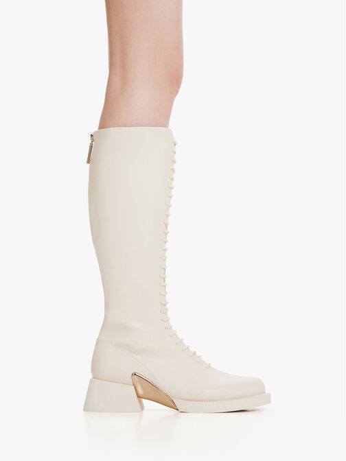 Devon Metallic-Accent Lace-Up Knee-High Boots, Chalk, hi-res