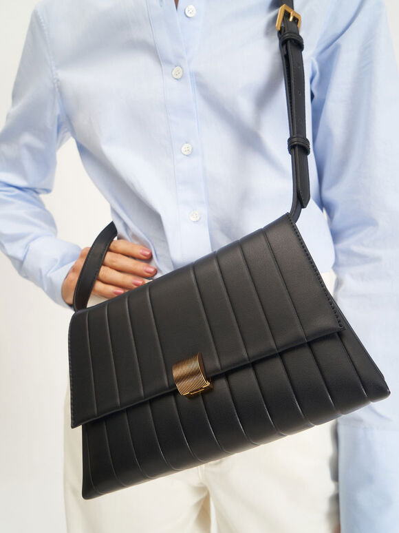Panelled Crossbody Bag, Black, hi-res