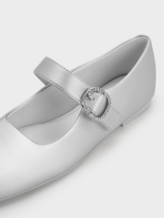Girls' Crystal-Buckle Mary Jane Flats, Silver, hi-res
