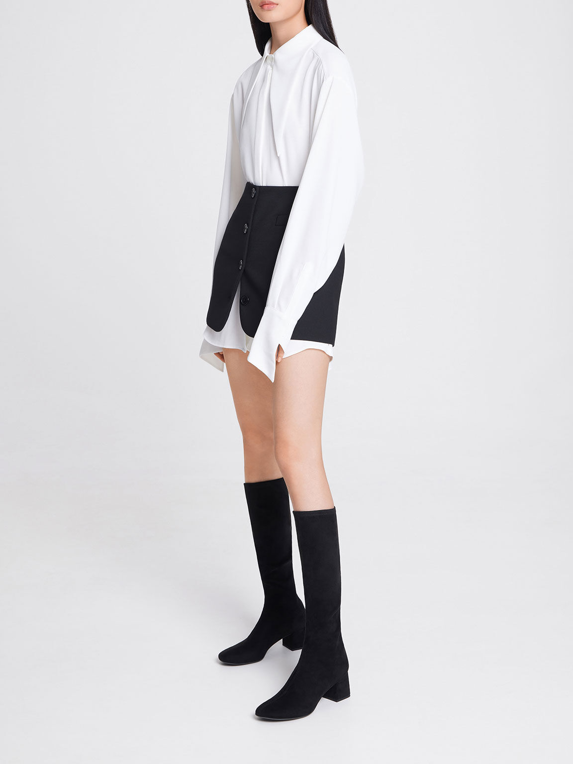 Textured Block Heel Knee Boots, Black Satin, hi-res