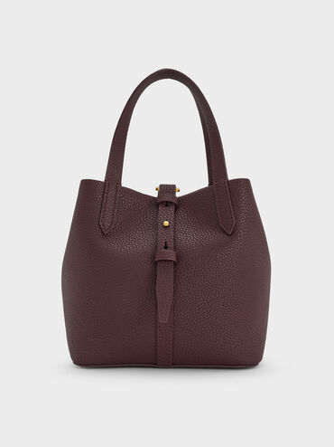 Beryl Recycled Leather Double-Handle Belted Bucket Bag, Wineberry Red, hi-res