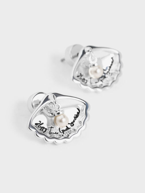 Oceana Scallop Pearl Crystal Stud Earrings, Silver, hi-res
