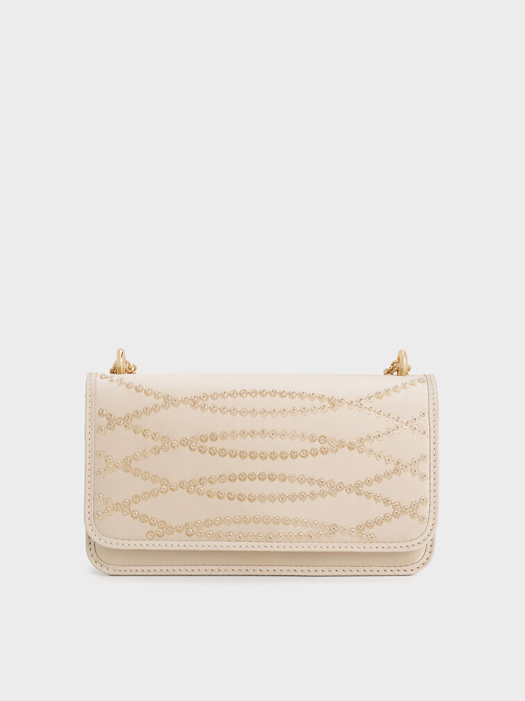 Mini bolso de satén con cadena y lentejuelas, Dorado claro, hi-res