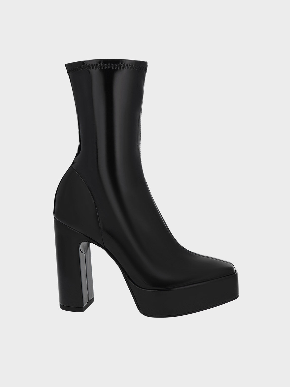 Patent Platform Block Heel Ankle Boots, Black, hi-res