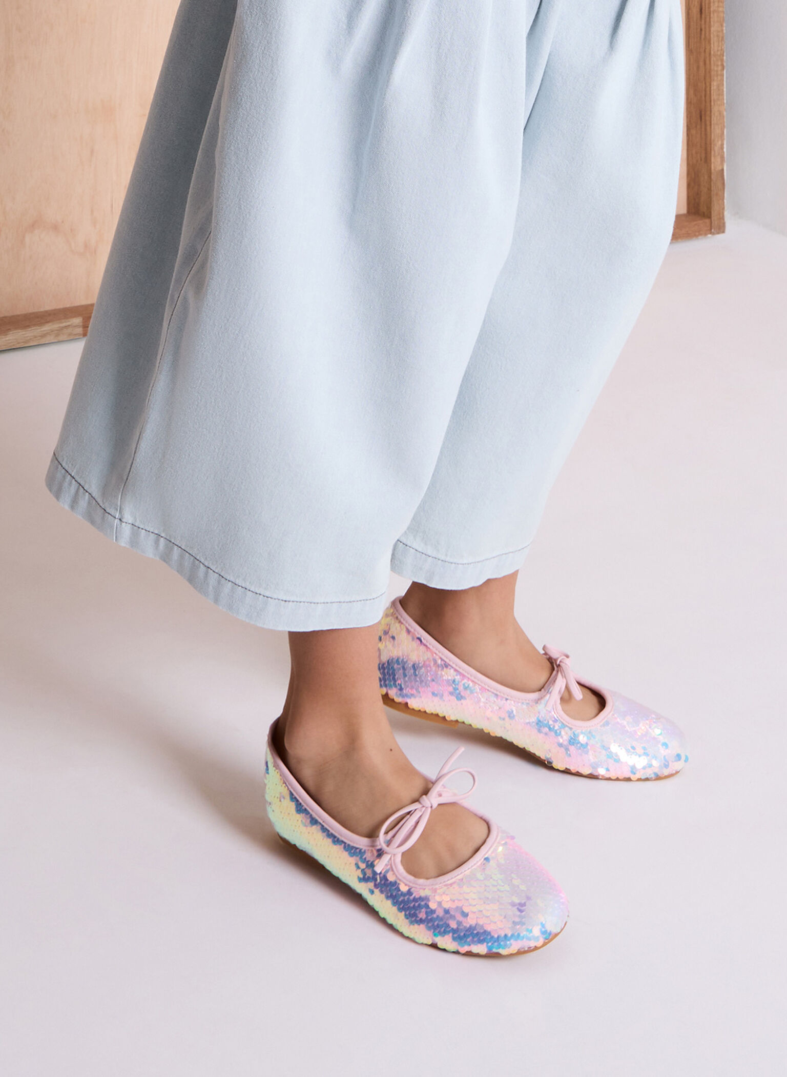 Girls' Sequin Two-Tone Bow Ballet Flats, Pink, hi-res