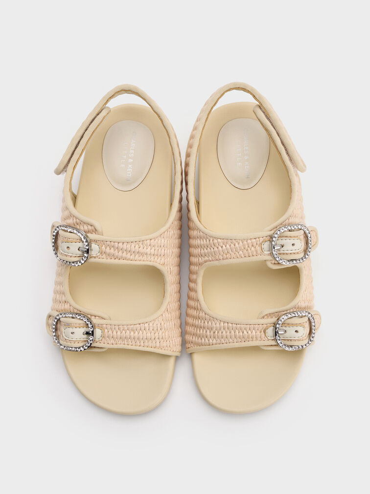 Girls' Raffia Crystal-Buckle Double-Strap Slingback Sandals, Cream, hi-res