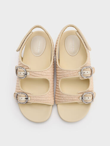 Girls' Raffia Crystal-Buckle Double-Strap Slingback Sandals, Cream, hi-res