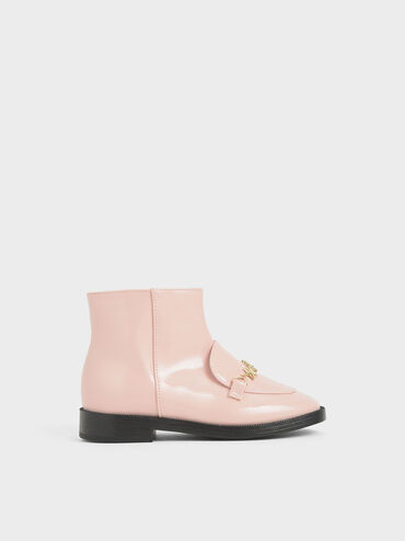 Girl&apos;s Wrinkled Patent Charm Ankle Boots, Pink, hi-res