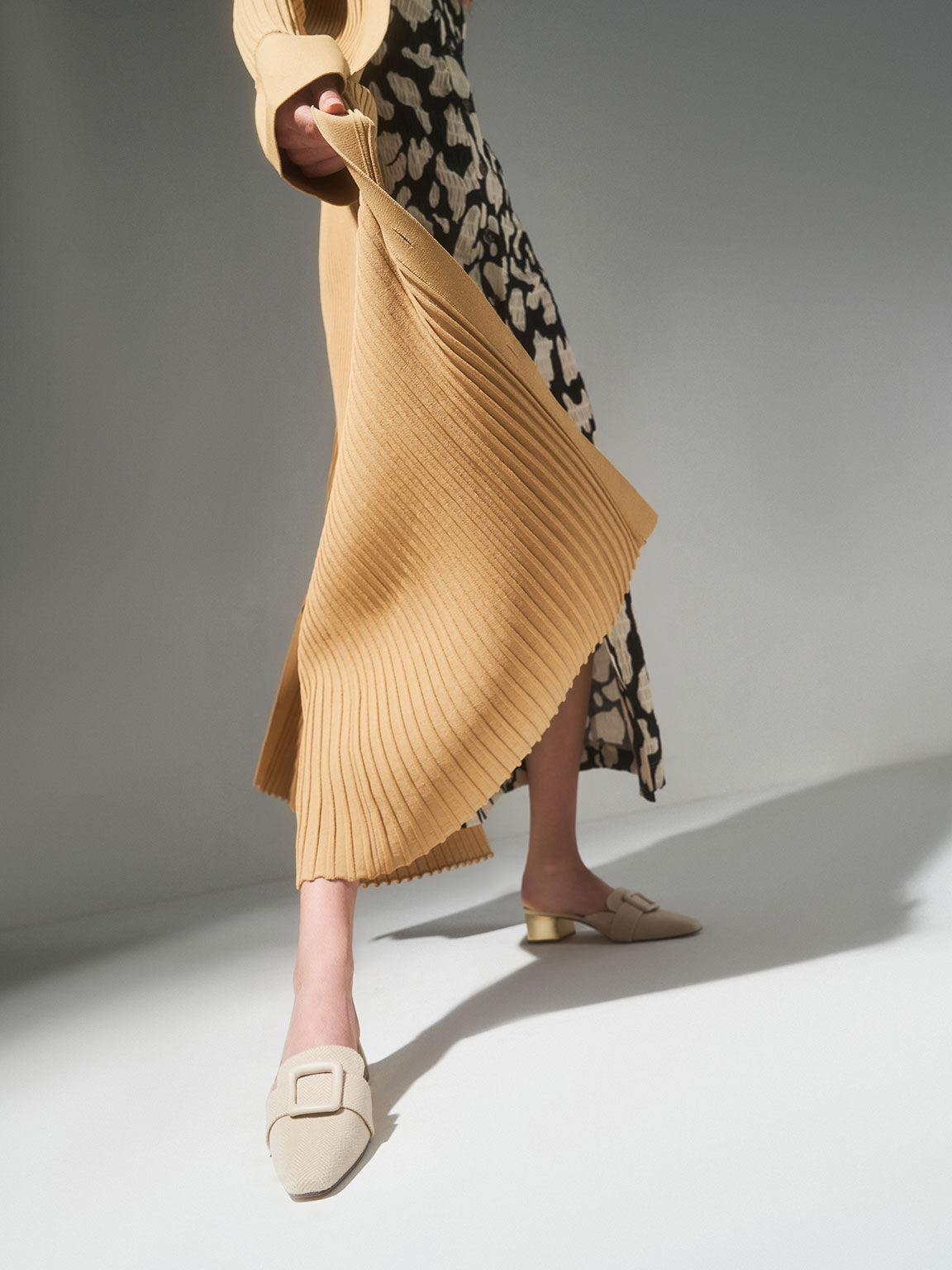 Woven Buckled Mules, Beige, hi-res
