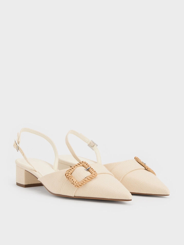 Woven-Buckle Slingback Pumps, Chalk, hi-res