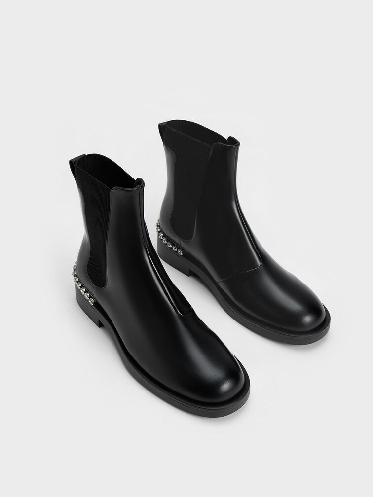 Leather Gem-Embellished Chelsea Boots, Black, hi-res