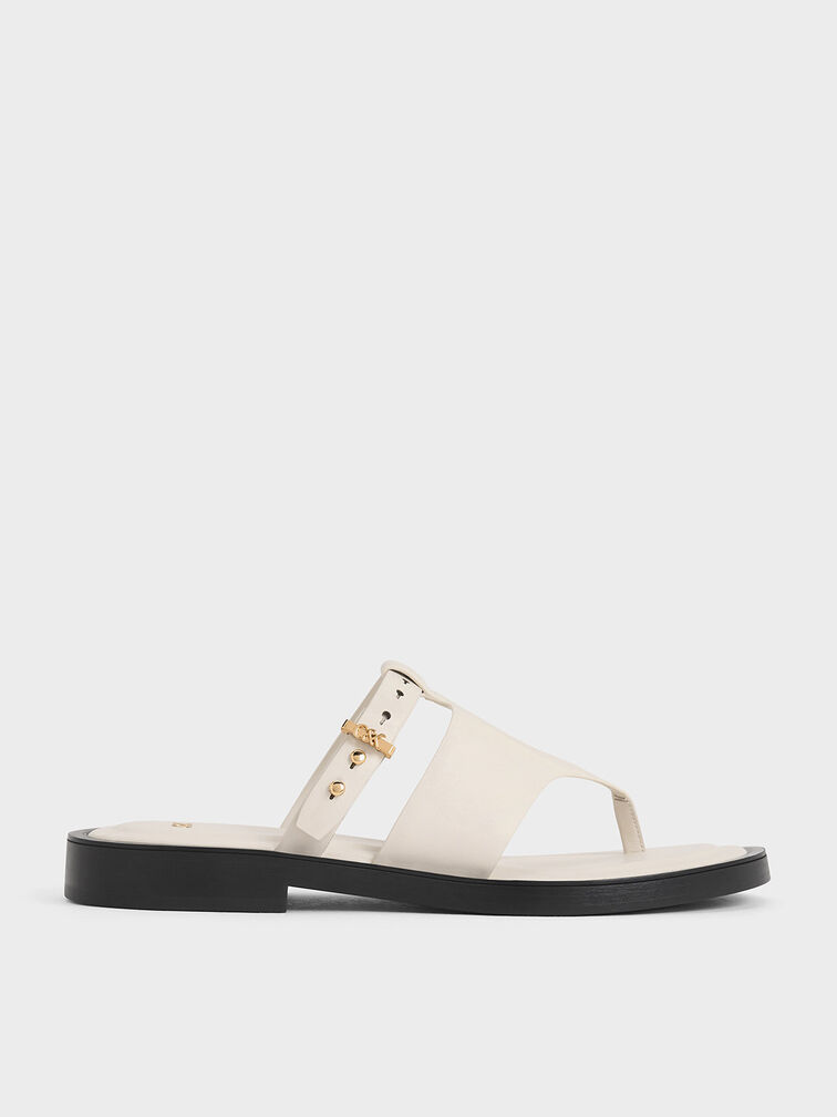 Leather Asymmetric Thong Sandals, White, hi-res