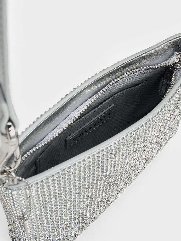 Bolso con asa de cadena adornado con cristales, Plateado, hi-res