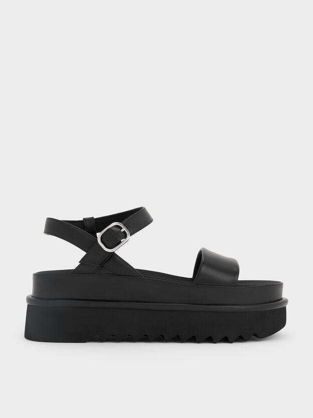 Sandalias planas con plataforma y tira al tobillo, Negro, hi-res