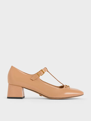 Mary Janes Gabine de cuero con tacón y tira tipo T, Nude, hi-res