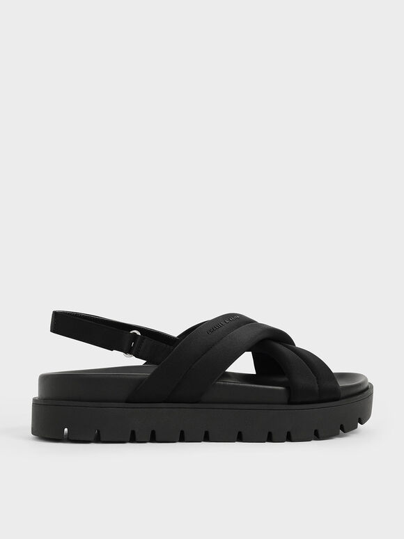 Recycled Polyester Padded Sports Sandals, Black, hi-res