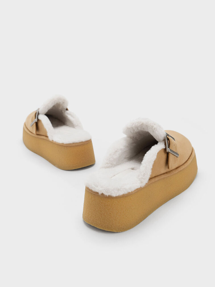 Fur-Lined Buckled Flatform Mules, Camel, hi-res