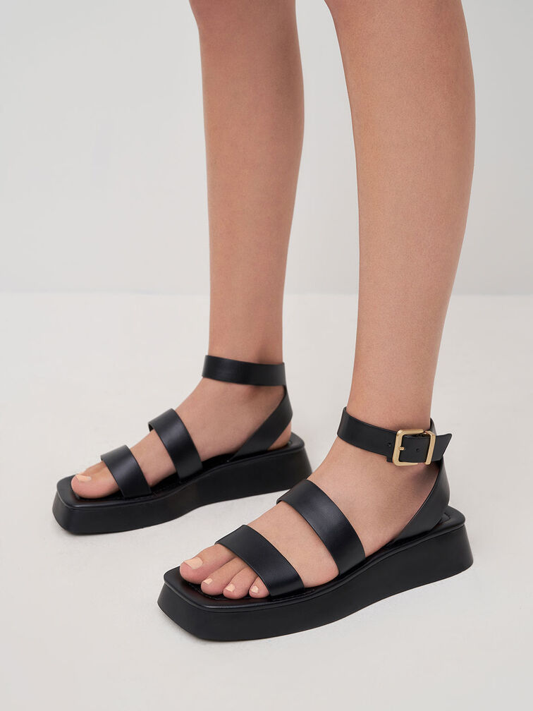 Square Toe Ankle-Strap Sandals, Black, hi-res