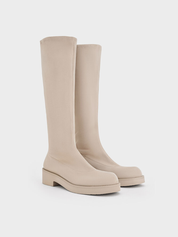 Botas hasta la rodilla con suela gruesa de ante sintético, Beige, hi-res