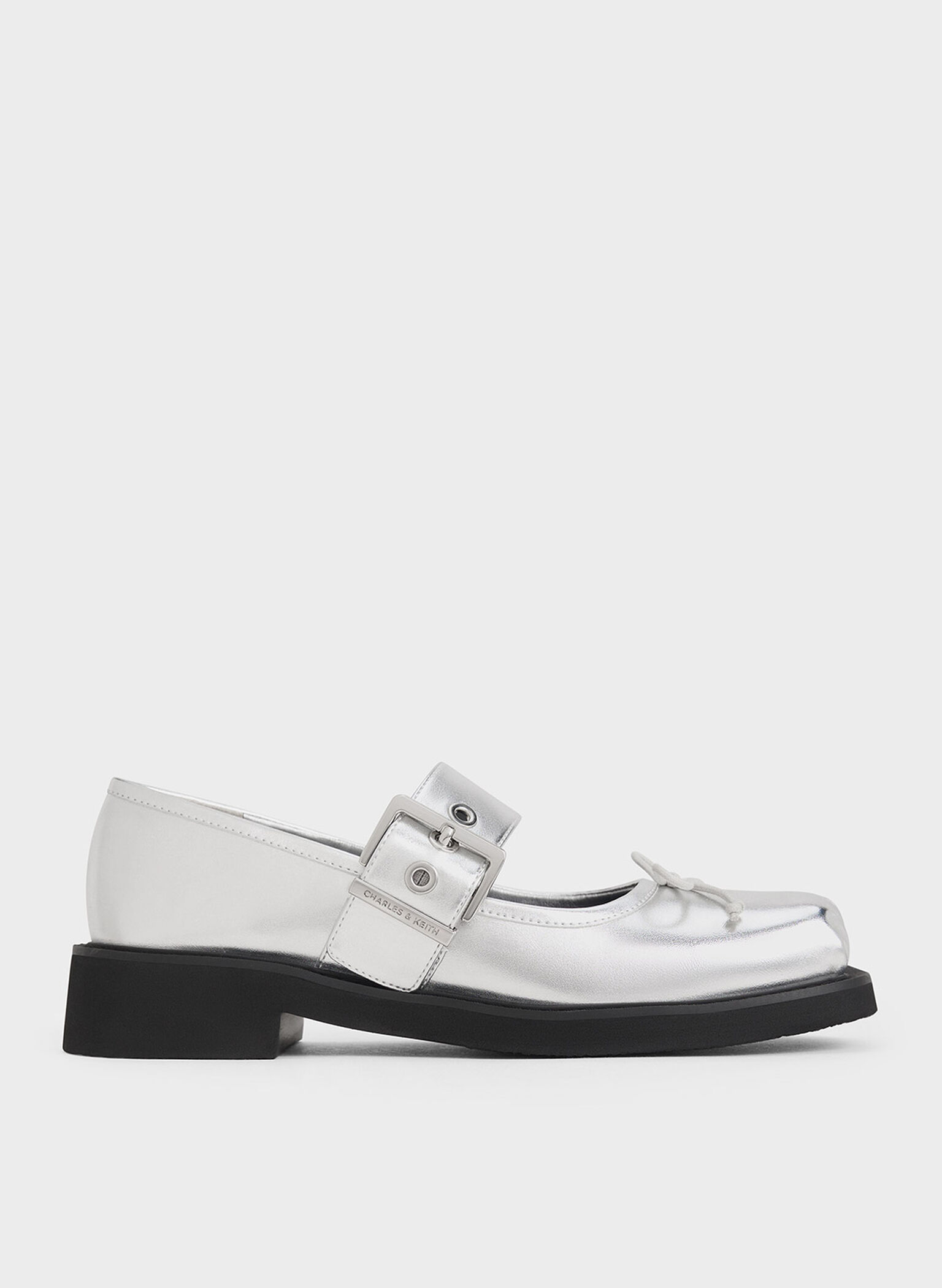 Metallic Bow Buckled Mary Janes, Silver, hi-res