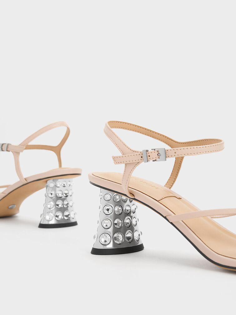 Nude Embellished Heel Leather Sandals - CHARLES & KEITH US