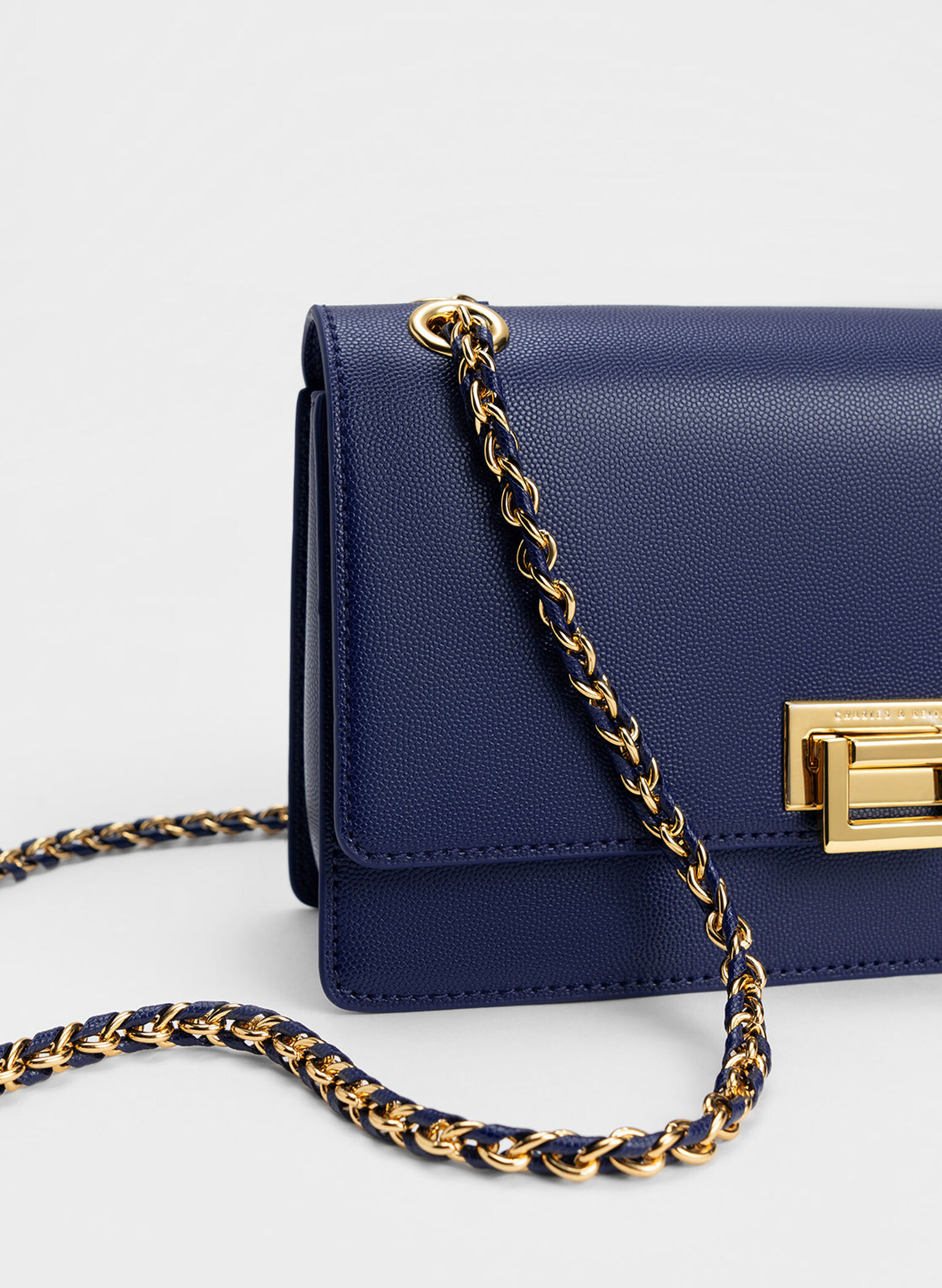 Metallic Accent Front Flap Bag - Navy