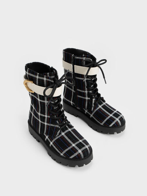 Gabine Check-Print Lace-Up Ankle Boots, Black Textured, hi-res