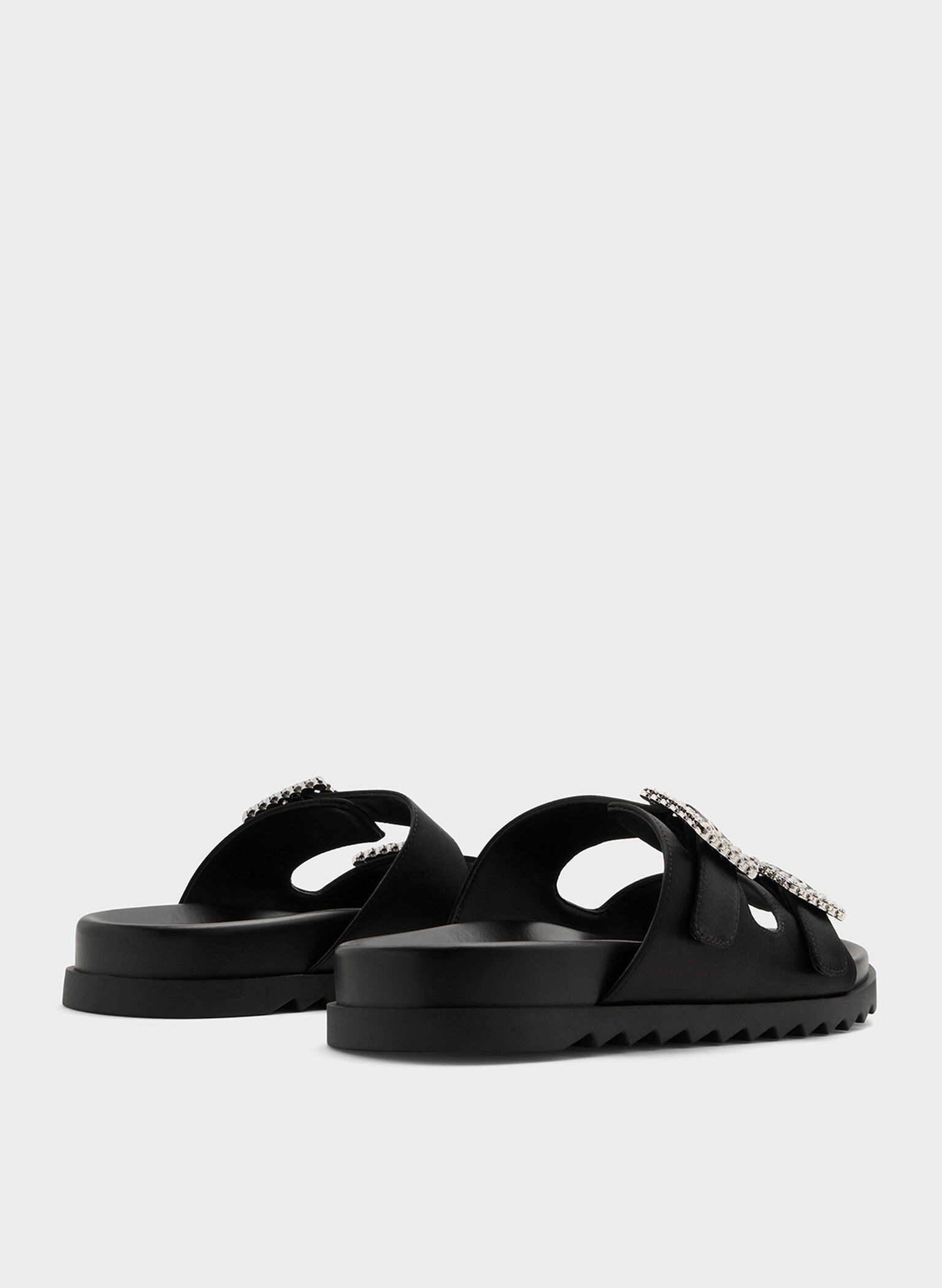 Sandalias de poliéster reciclado de doble tira y hebilla con gemas, Negro texturizado, hi-res