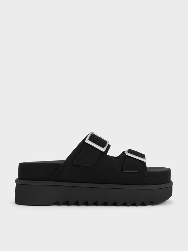 Sandalias flatform con doble correa y hebilla, Negro, hi-res
