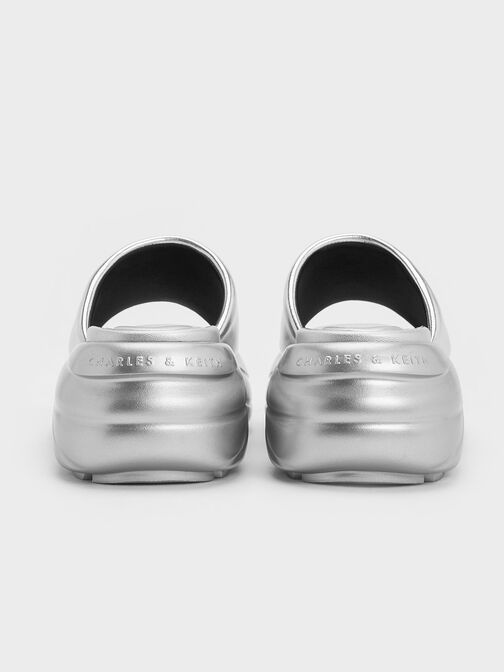 Metallic Wide-Strap Curved Platform Sports Sandals, Silver, hi-res
