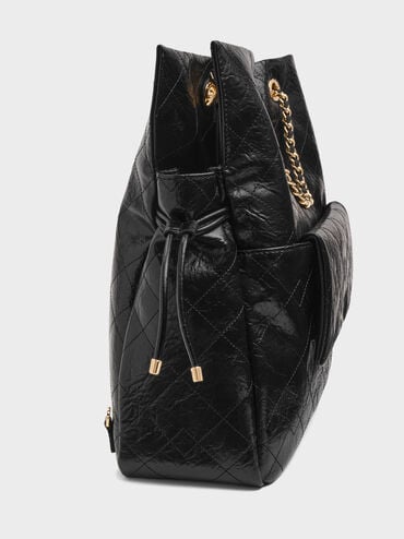 Duo Quilted Braided-Strap Drawstring Two-Way Backpack, Black, hi-res