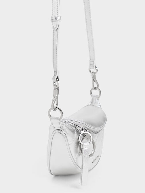 Philomena Metallic Half-Moon Crossbody Bag, Silver, hi-res