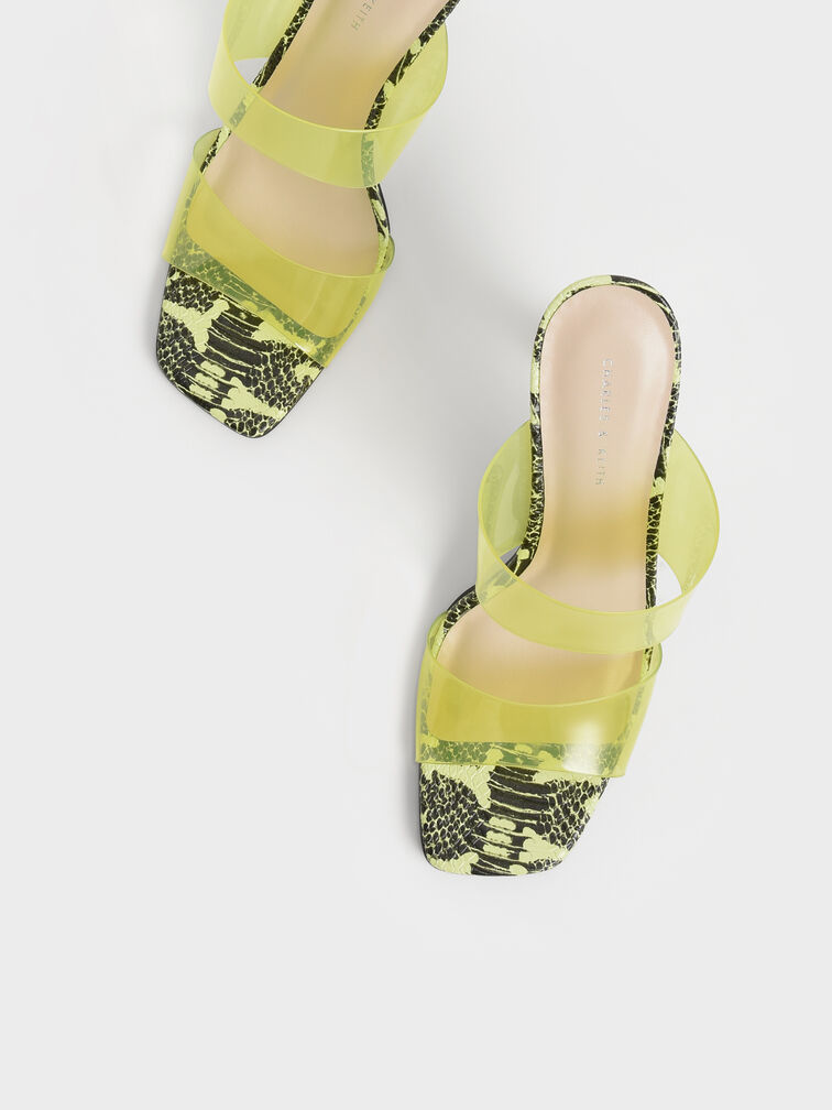 Snake-Print See-Through Heeled Mules, Animal Print Yellow, hi-res