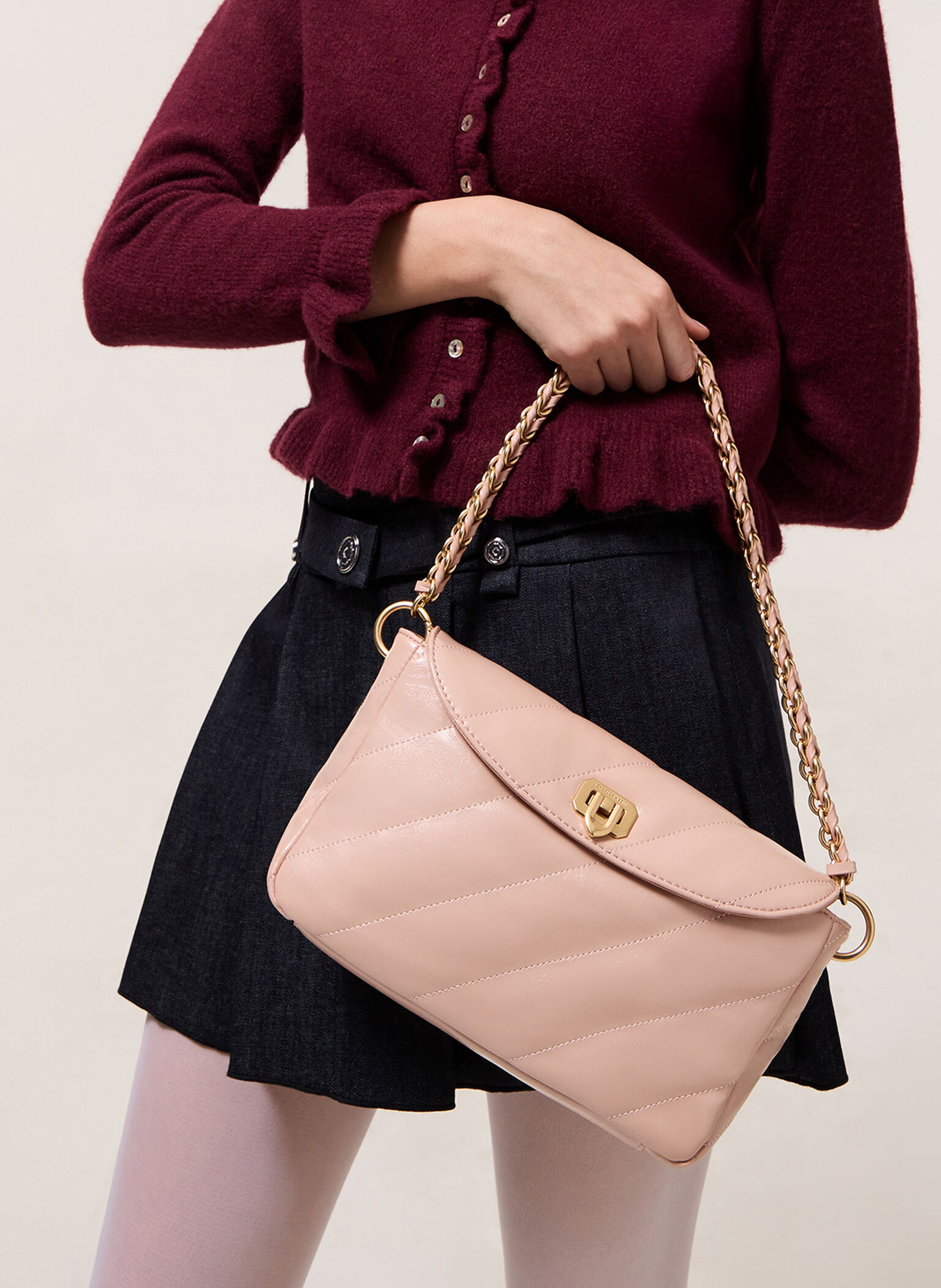 Fawn Panelled Front Flap Chain-Handle Bag, Rosa pálido, hi-res