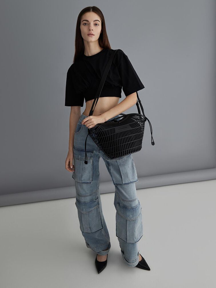 Calypso Fan Curved-Handle Bag, Jet Black, hi-res
