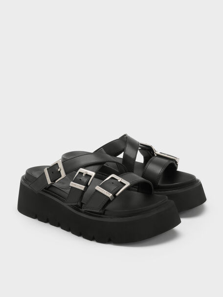 Laine Buckled Flatform Sandals, Black, hi-res