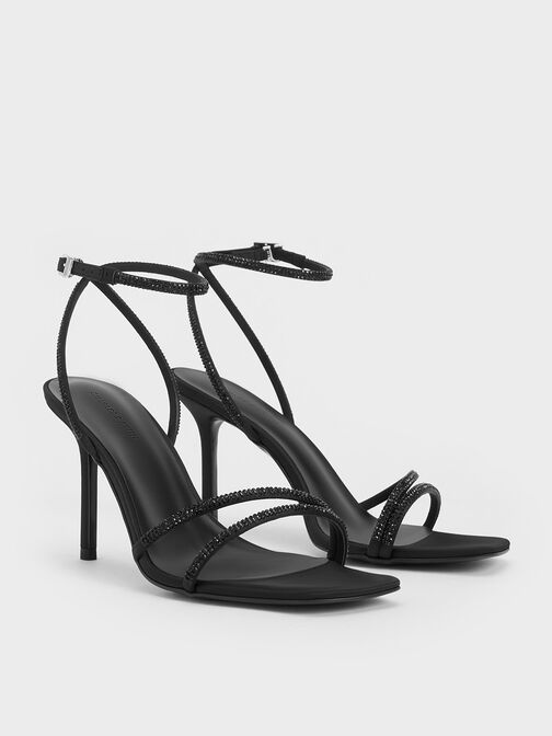 Satin Crystal-Embellished Stiletto-Heel Sandals, Black Textured, hi-res