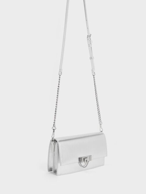 Tallulah Metallic Push-Lock Long Wallet, Silver, hi-res