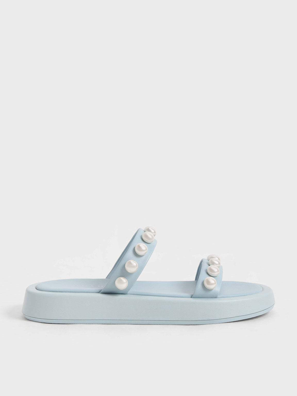 Pearl-Embellished Slide Sandals, Light Blue, hi-res
