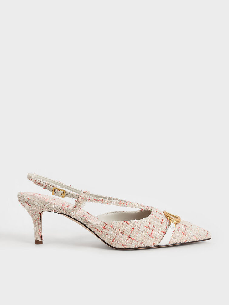 Metallic Accent Tweed Slingback Pumps, Cream, hi-res