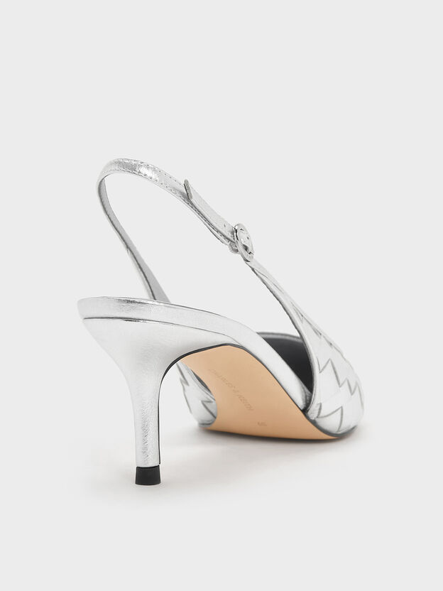 Ivette Metallic Woven Pointed Slingback Pumps, Silver, hi-res