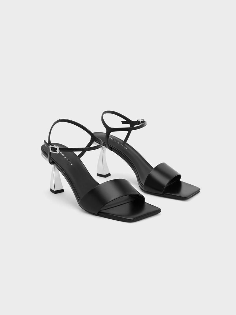 Open Toe Curved Heel Sandals, Black, hi-res