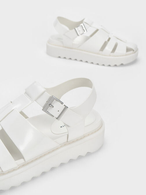 Buckled Caged Sandals, White, hi-res