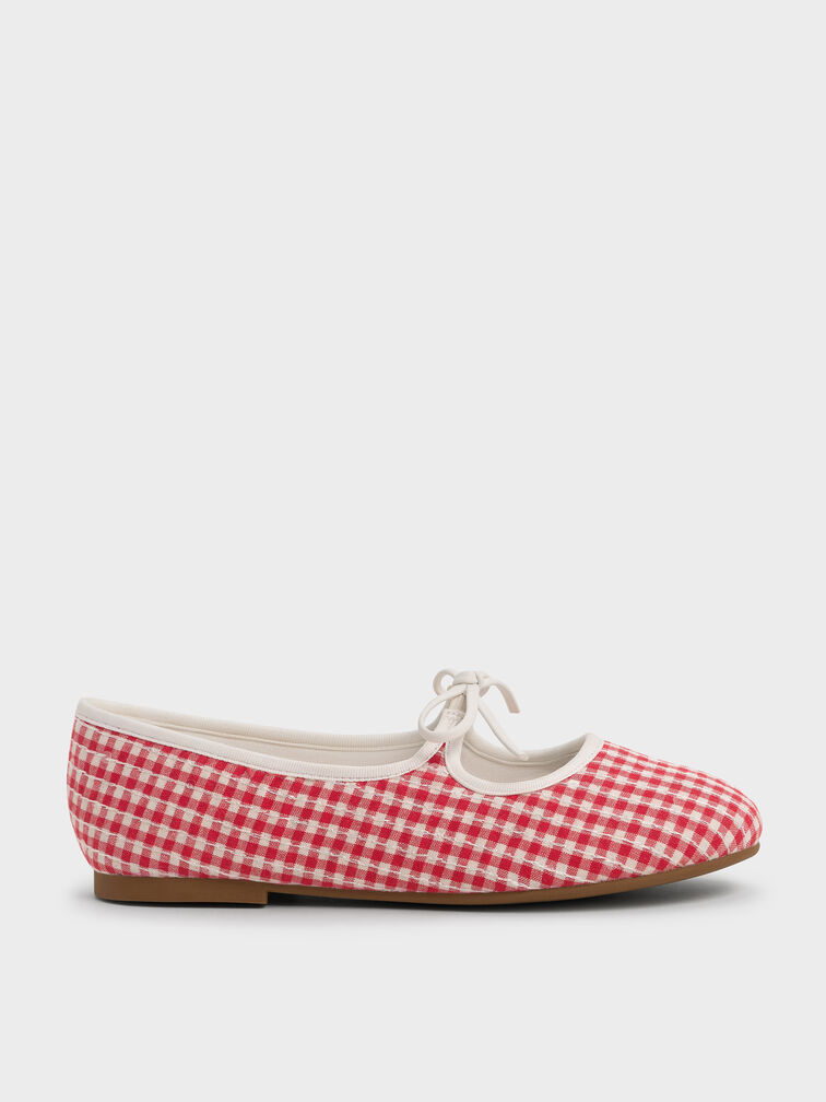Girls' Gingham Bow Ballet Flats, Red, hi-res