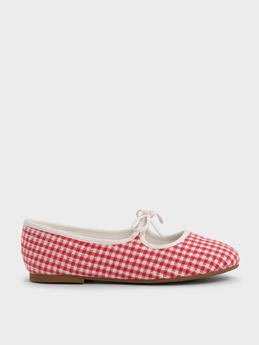 Girls' Gingham Bow Ballet Flats, Red, hi-res