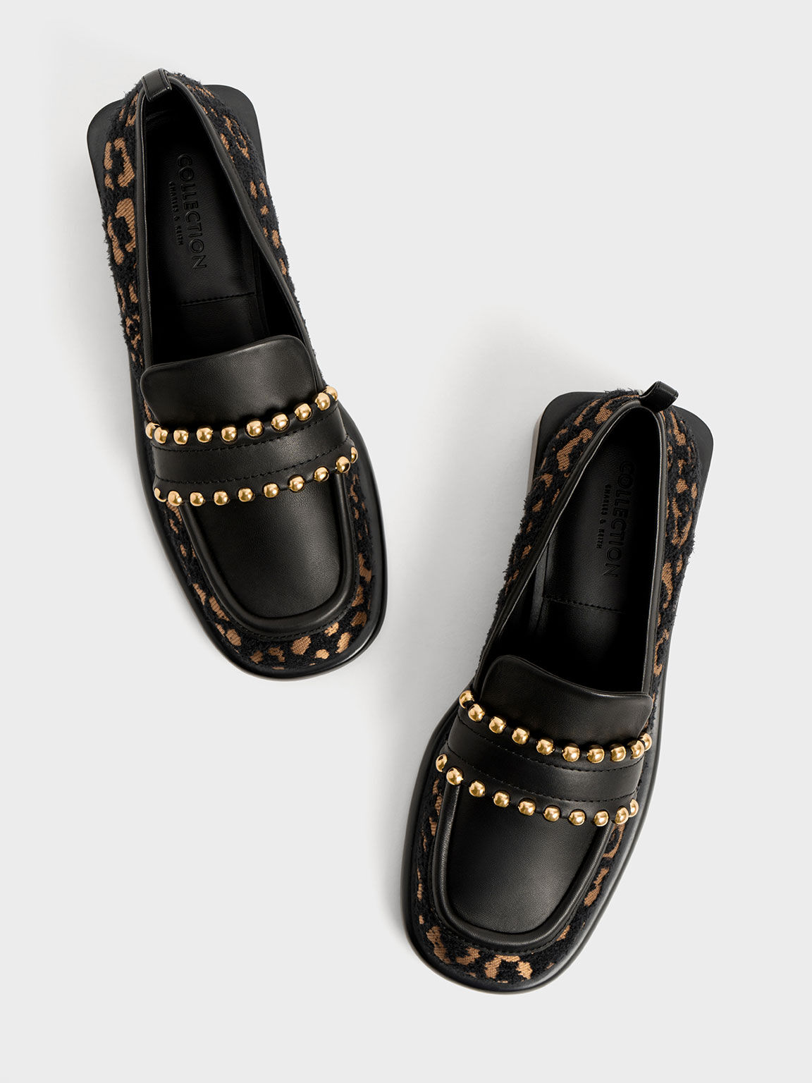 Studded Jacquard & Leather Penny Loafers, Animal Print Black, hi-res